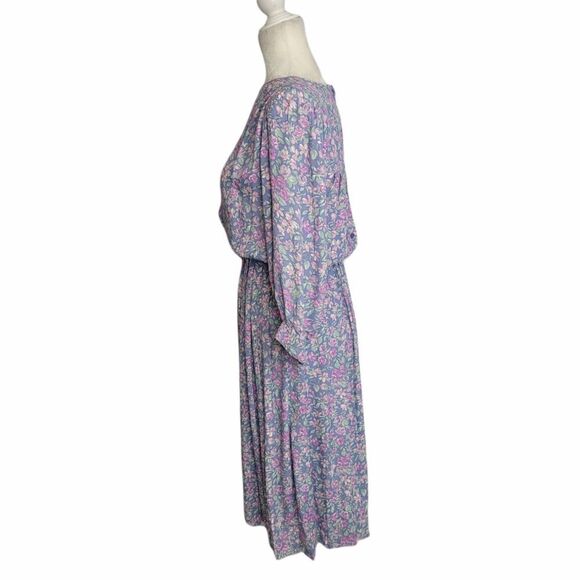 VINTAGE 70s dress blue floral puff‎ sleeve button back rayon S - Picture 2 of 10